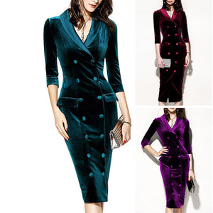 Velvet v neck double breasted midi pencil dress | Slimming formal business work dress