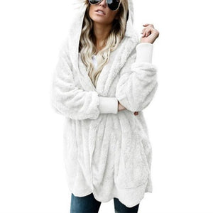 Women faux fur fleece hooded winter warm outerwear