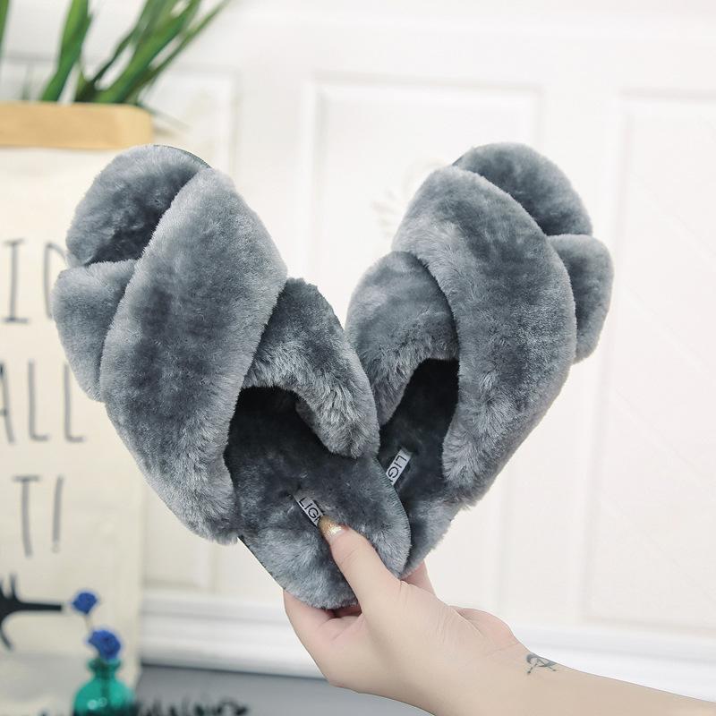 Women's fashion criss cross furry slippers winter warm house shoes solid color