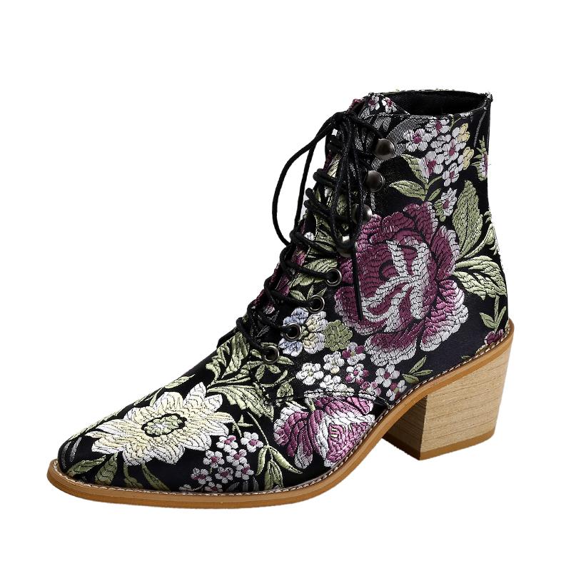 Retro embroidery lace-up ankle boots pointed toe block heel boots fashion ankle boots for women