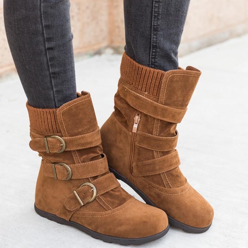 Faux suede mid calf buckle boots for women winter boots