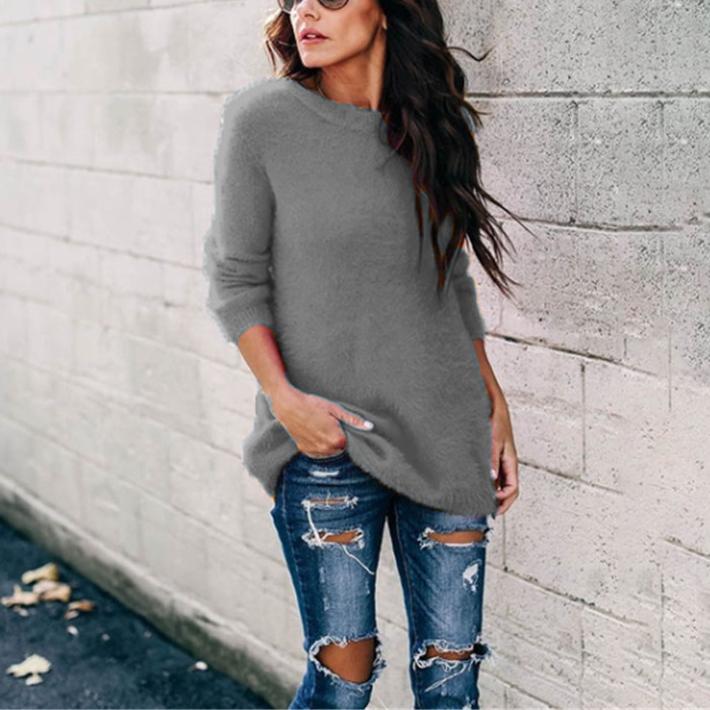 Women long sleeve knitted crew neck pullover sweater
