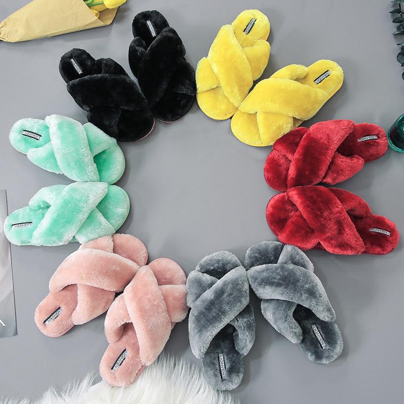 Women's fashion criss cross furry slippers winter warm house shoes solid color