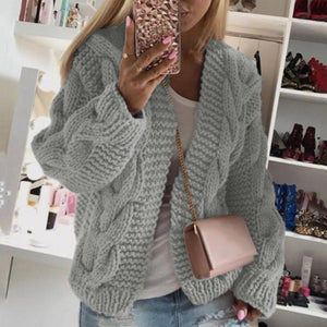 Women hooded knitted long sleeve chunky short cardigan