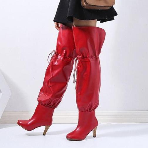 Women fashion chunky high heel lace up thigh high boots