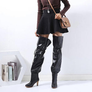 Women fashion chunky high heel lace up thigh high boots