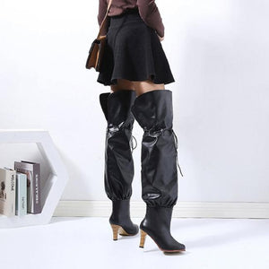 Women fashion chunky high heel lace up thigh high boots