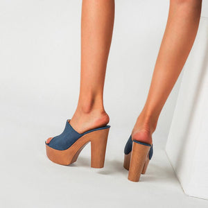 Women platform peep toe strap slip on chunky heels