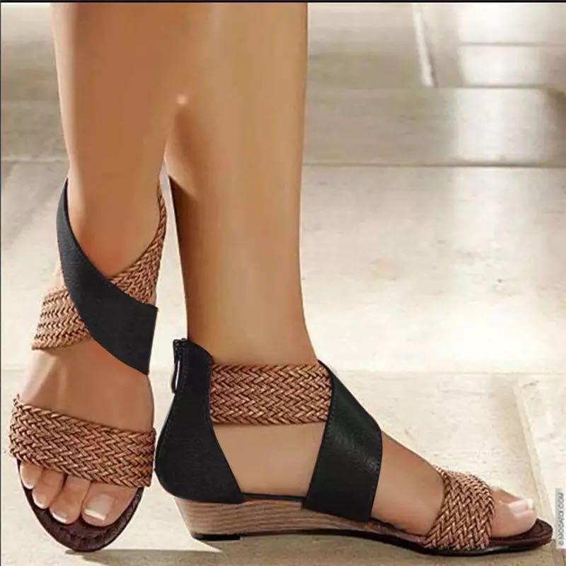 Women's boho braided criss cross low wedge sandals with back zipper