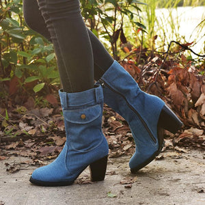 Women's mid calf denim boots high heeled zipper boots