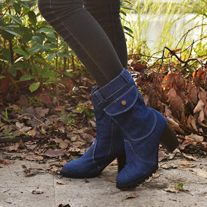 Women's mid calf denim boots high heeled zipper boots