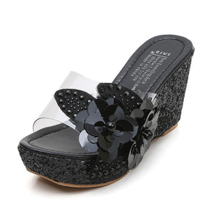Women flower rhinestone platform wedge slide sandals