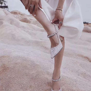 Women pointed toe slip on stiletto mary jane rhinestone heels