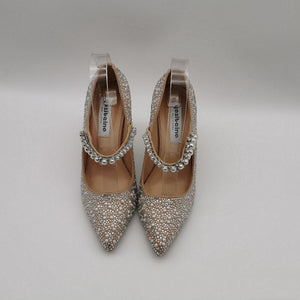 Women pointed toe slip on stiletto mary jane rhinestone heels