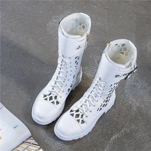 Women mid calf zipper hollow lace up chunky platform boots