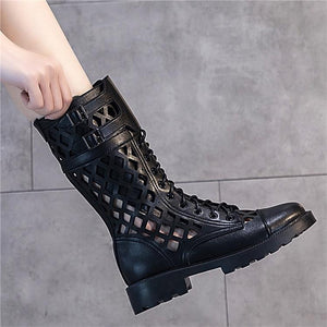 Women mid calf zipper hollow lace up chunky platform boots