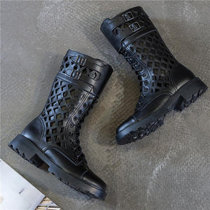 Women mid calf zipper hollow lace up chunky platform boots