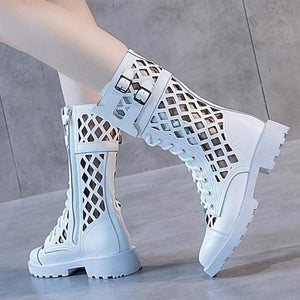 Women mid calf zipper hollow lace up chunky platform boots