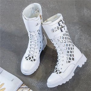 Women mid calf zipper hollow lace up chunky platform boots