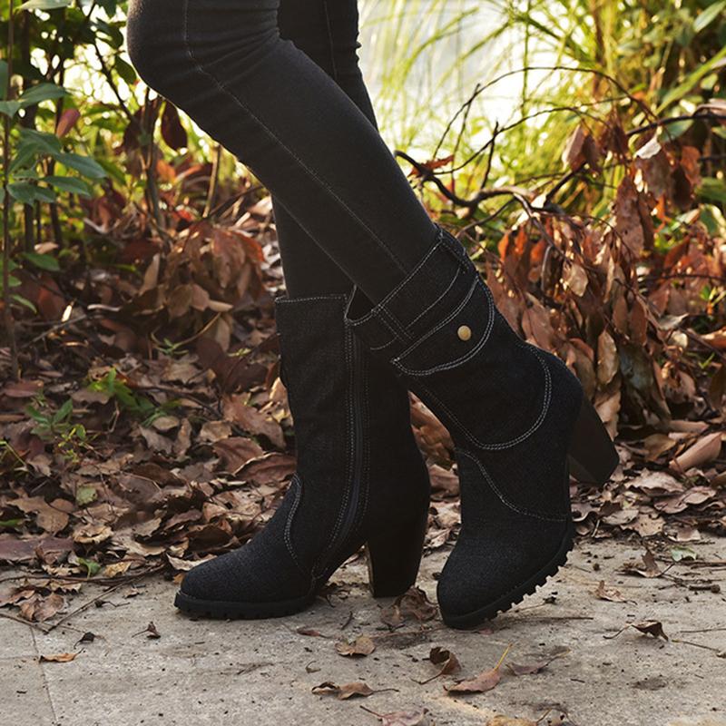 Women's mid calf denim boots high heeled zipper boots