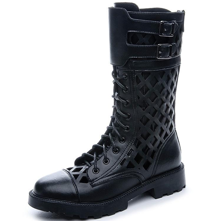 Women mid calf zipper hollow lace up chunky platform boots