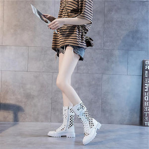 Women mid calf zipper hollow lace up chunky platform boots