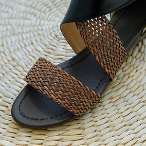 Women's boho braided criss cross low wedge sandals with back zipper