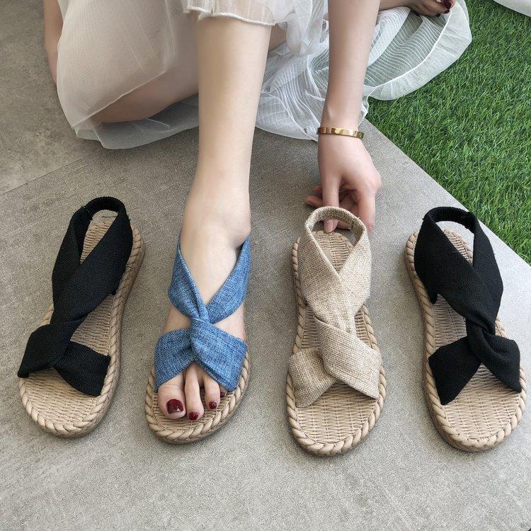 Women peep toe summer linen woven espadrille flat sandals