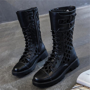 Women mid calf zipper hollow lace up chunky platform boots