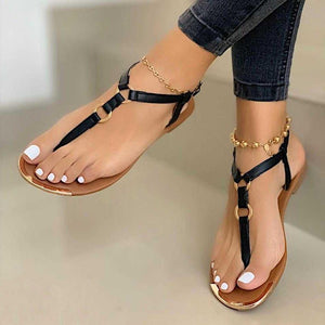 Women metal ring t strap flat slip on ankle strap sandals