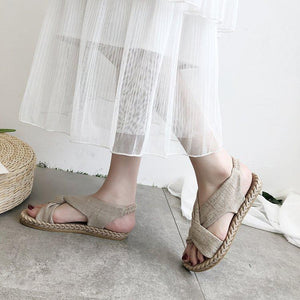 Women peep toe summer linen woven espadrille flat sandals