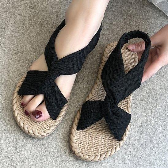 Women peep toe summer linen woven espadrille flat sandals