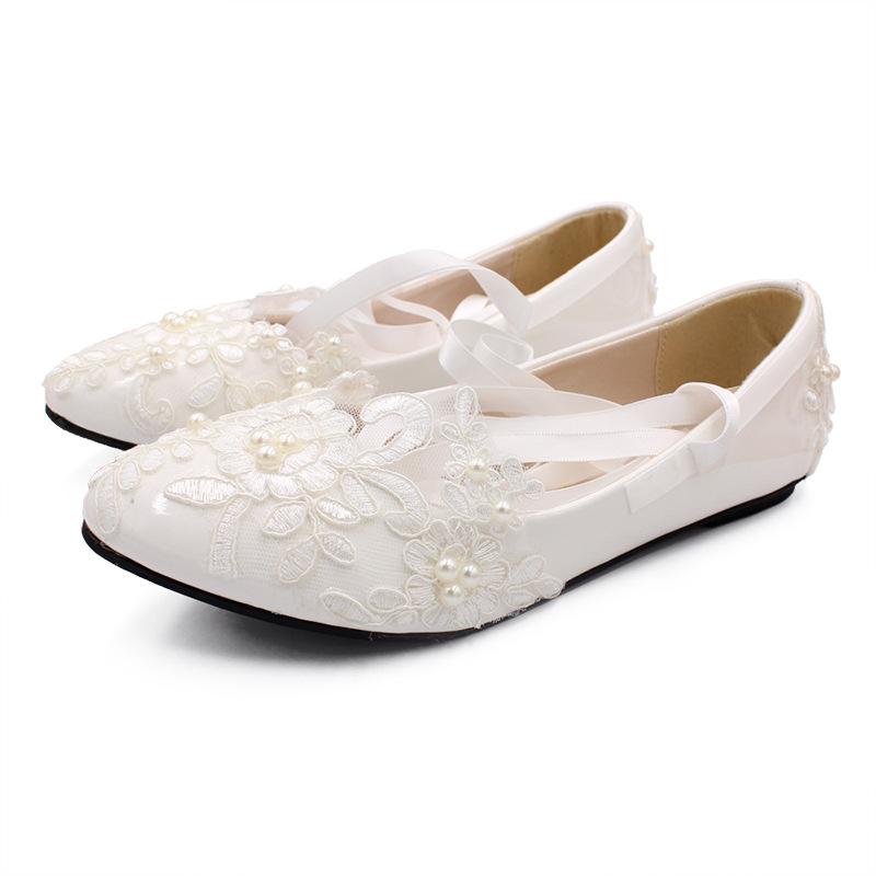 White floral lace ankle lace-up wedding flats