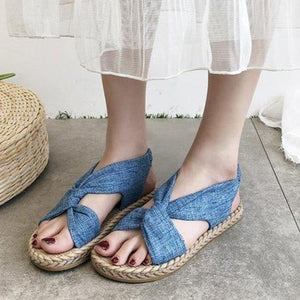 Women peep toe summer linen woven espadrille flat sandals