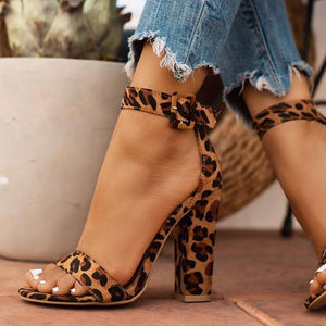 Women leopard buckle ankle strap chunky sexy heels