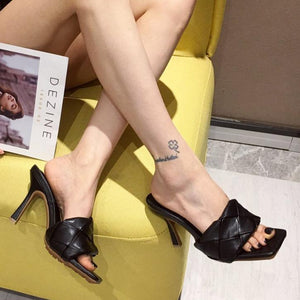 Women square peep toe grid strap slide stiletto heels