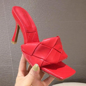 Women square peep toe grid strap slide stiletto heels
