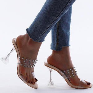 Women two strap peep toe studded slide clear heels