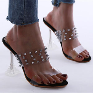 Women two strap peep toe studded slide clear heels