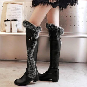 Women motorcyle buckle strap fashion faux fur knee high boots