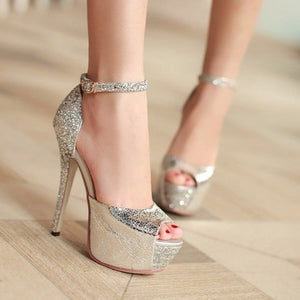 Women wedding fashion sequin peep toe side cut stiletto high platform heels