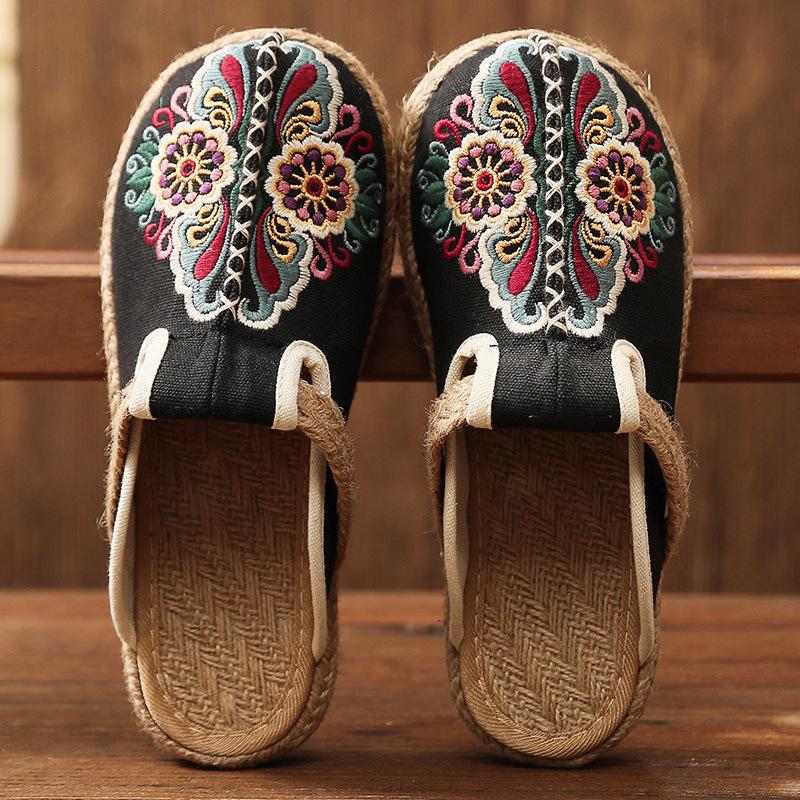 Women vintage ethnic flower embroidered espadrille slide sandals