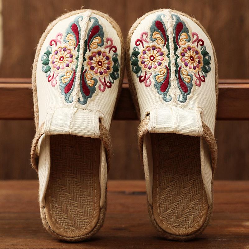 Women vintage ethnic flower embroidered espadrille slide sandals