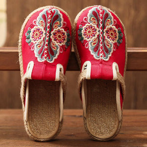 Women vintage ethnic flower embroidered espadrille slide sandals