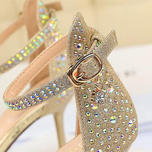 Women open toe rhinestone stiletto  heels | Glitter sparkly high heels ankle strap sandals | Party heels sandals
