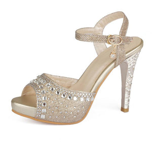 Women rhinestone platform peep toe ankle buckle strap stiletto heels