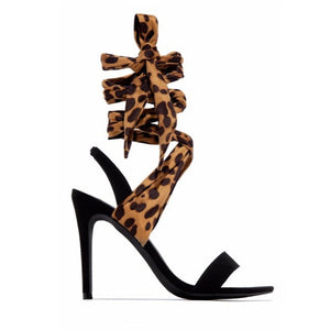 Women strappy lace up bowknot stiletto leopard print heels