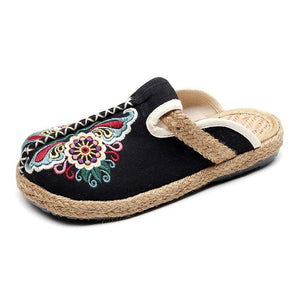 Women vintage ethnic flower embroidered espadrille slide sandals