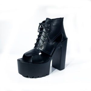 Women black peep to zipper lace up high platform heels