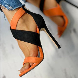 Women color block criss cross strap stiletto high heels